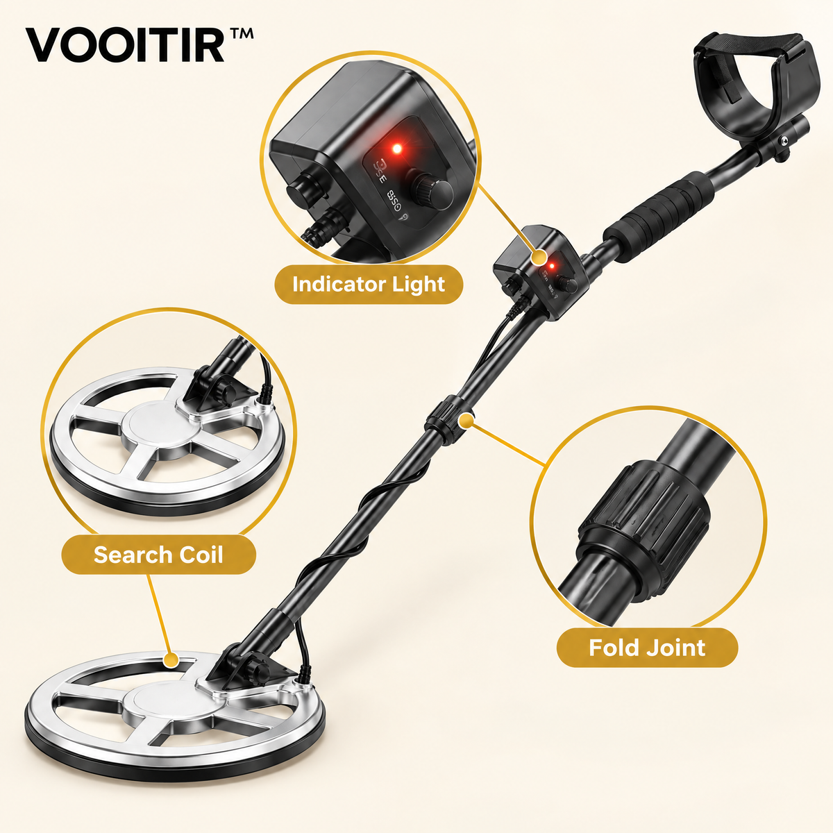 VOOITIR™ TerraScan Mini Metal Detector search coil, indicator and folding joint details