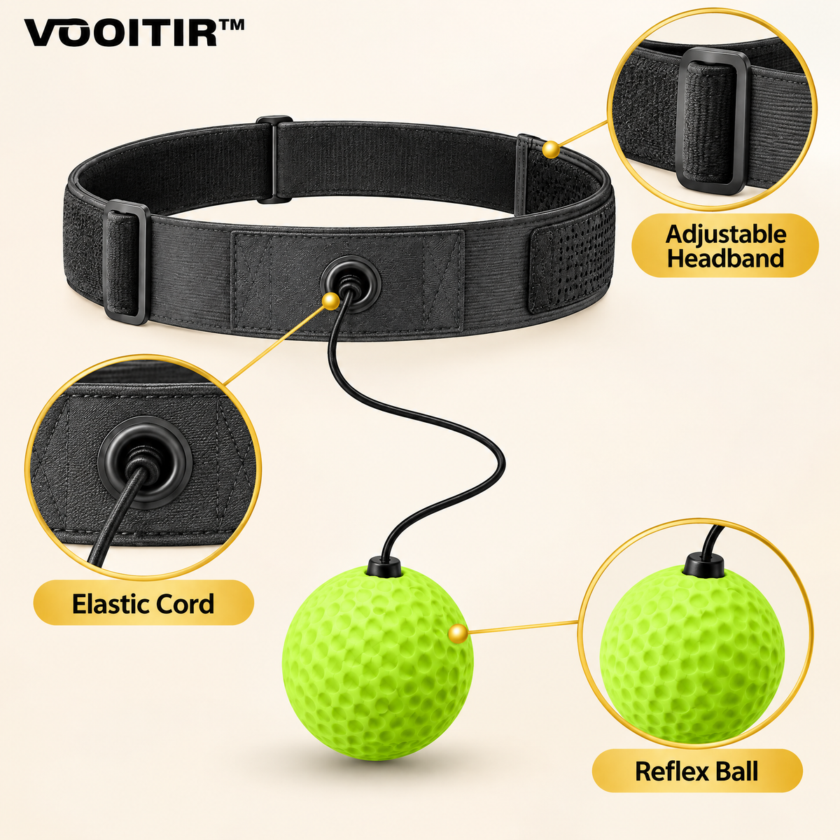 VOOITIR™ Pulse Reflex Trainer adjustable headband, elastic cord and reflex ball details