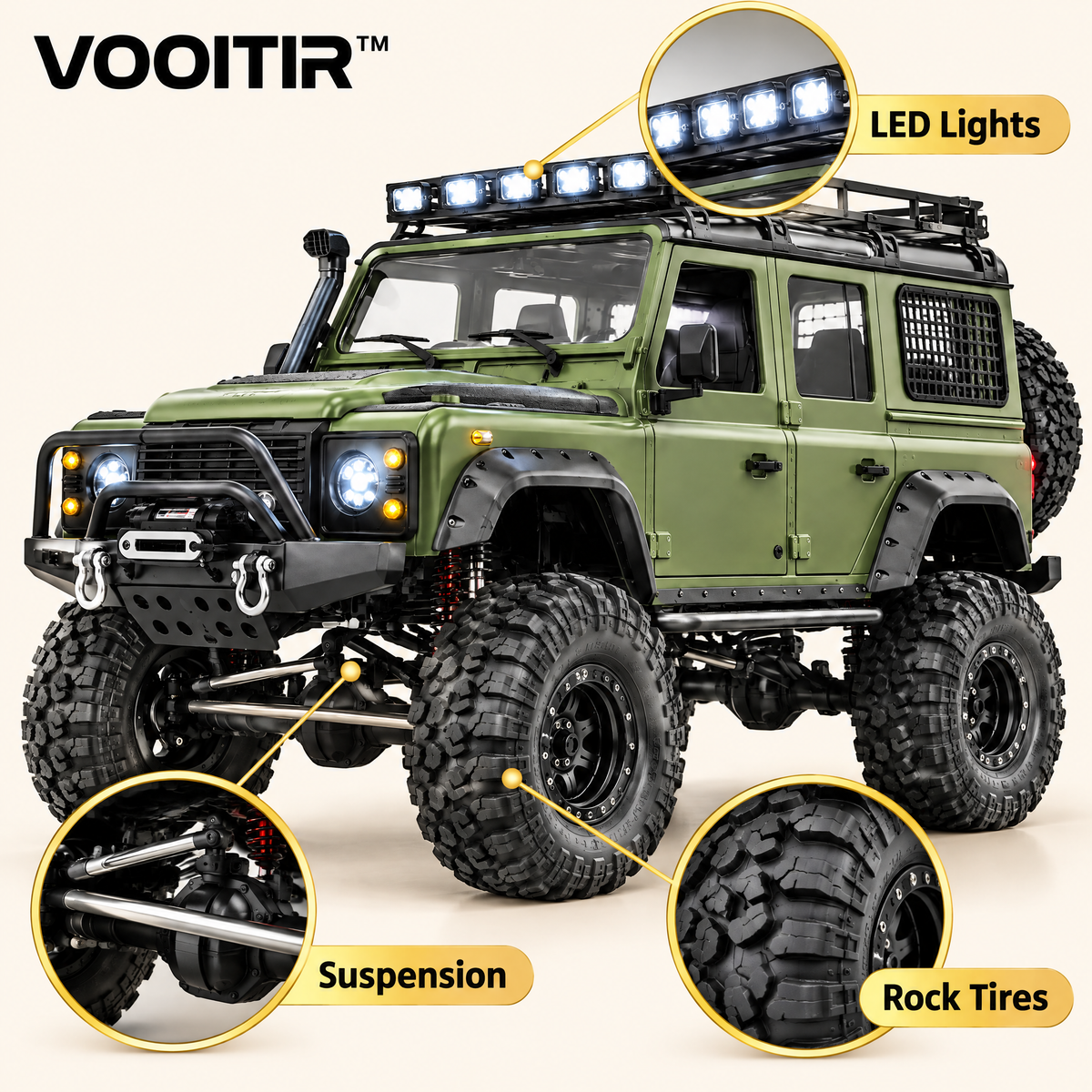 VOOITIR™ Rover X All-Terrain Crawler LED lights, suspension and rock tire details