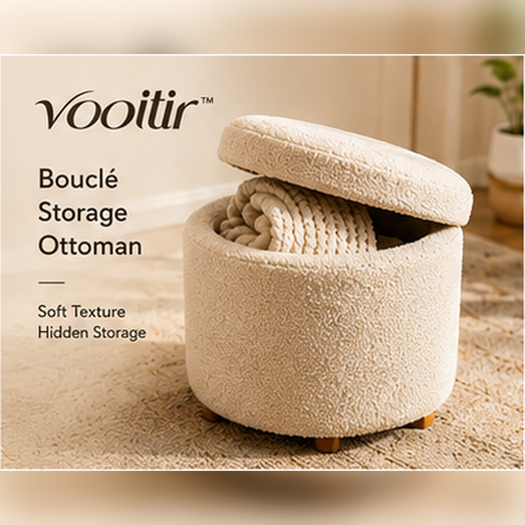 𝒗𝒐𝒐𝒊𝒕𝒊𝒓 cream bouclé round storage ottoman with removable padded lid