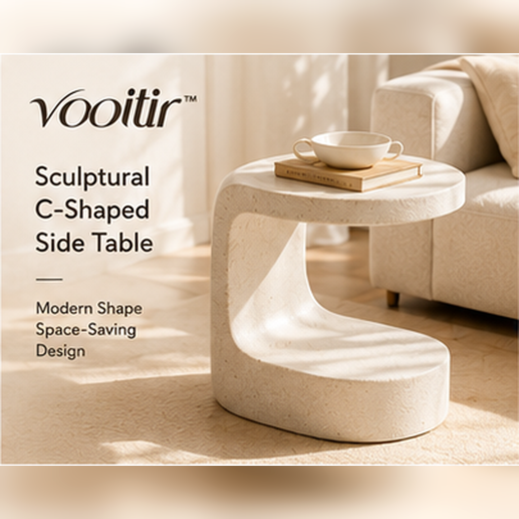 𝒗𝒐𝒐𝒊𝒕𝒊𝒓 cream sculptural C-shaped side table beside a neutral sofa