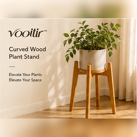 𝒗𝒐𝒐𝒊𝒕𝒊𝒓 curved wood indoor plant stand holding a neutral ceramic planter