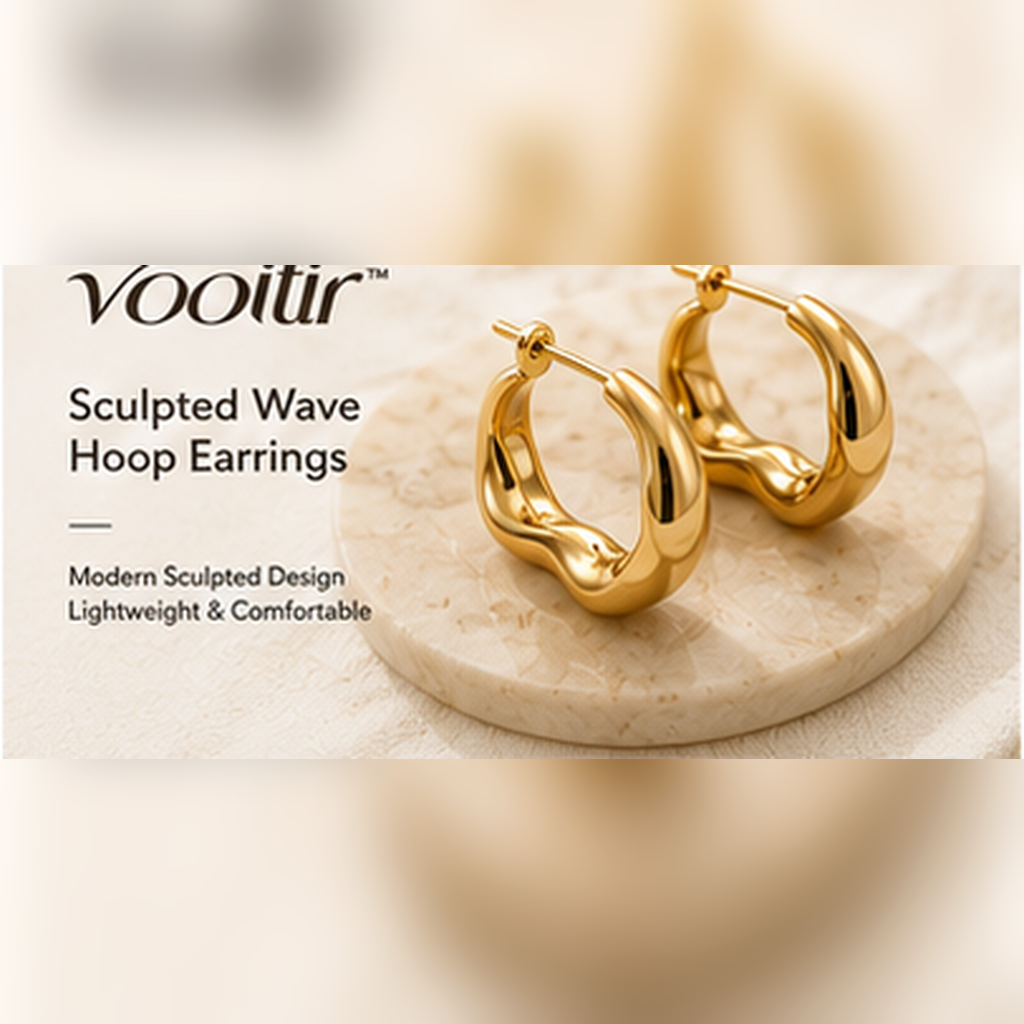 𝒗𝒐𝒐𝒊𝒕𝒊𝒓 sculpted gold-tone wave hoop earrings displayed on a stone tray